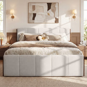 King Size Upholstered Bed Frame, Walnut Wood Trim with Grey Fabric, Pine Wood with MDF, 600 LBS Weight Capacity, Fits 8'-10' Mattress, No Box Spring Needed