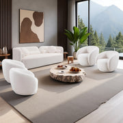 Modern Japandi White Boucle Sofa Set, 5-Piece Upholstered Cloud Couch Bundle, 3-Seater Sofa + 4 Pack 360° Swivel Barrel Accent Chairs for Living Room, Apartment, Home Office