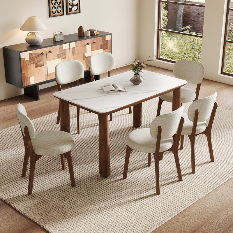 63' Sintered Stone Dining Table Set with 6 Upholstered Chairs, Farmhouse Dinner Table Set of 7 Piece with White Stone Top & Solid Wood Walnut Frame, Beige Chenille Seats, Heavy-Duty Support up to 1000