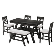 TOPMAX 6-Piece Wood Counter Height Dining Table Set with Storage Shelf, Kitchen Table Set with Bench and 4 Chairs,Rustic Style,Espresso+Beige Cushion (old sku: N717S000257AAP)