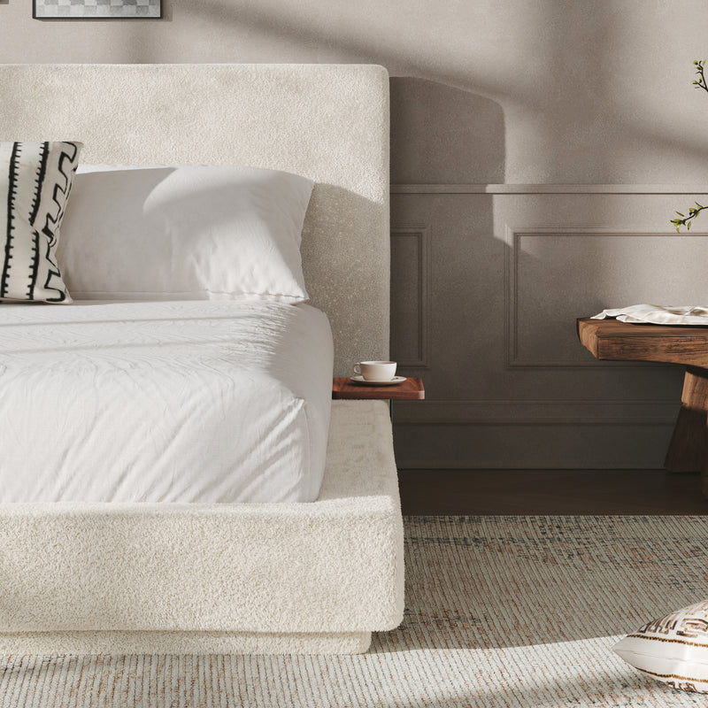 AirFrame King Bed Frame with Adjustable Sliding Side Table Visual Floating Effect, 8.7'' Cloud Upholstered Sponge Cushion, Easy Assembly (Off-White).