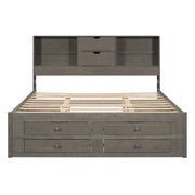 King Size Platform Bed with Storage Headboard and 8 Drawers, Gray