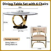 Round Dining Set with 360° Rotating Lazy Susan, Scratch & Heat‑Resistant Sintered Stone Tabletop, 6 Gold‑Plated Iron Thick Cushion Chairs for Dining Room, Kitchen, Compact Space