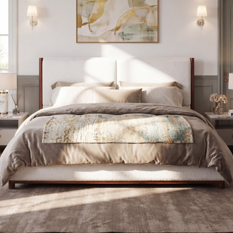 Queen Size Upholstered Bed Frame, Walnut Wood Trim with White Fabric, Plywood & Rubber Wood Construction, 600 LBS Weight Capacity, Fits 8'-10' Mattress, No Box Spring Needed