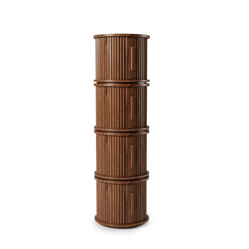 4Piece Round Coffee Table Set, Modern Nesting Side Tables with Sliding Door Storage, Walnut Finish Sofa End Table & Bedside Nightstand for Living Room & Bedroom, Fluted Roman Column Design Accent Tab