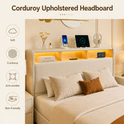 Queen-size upholstered bed with drawers, storage headboard with charging station and LED lights, no spring mattress needed, silent design, easy to assemble, beige