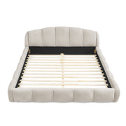 Queen Size Elegant Chenille Upholstered Platform Bed Frame, Thick Curved Headboard & Wrapped Footboard, Low Profile Floor Bed, No Box Spring Required, Easy Assembly, Beige