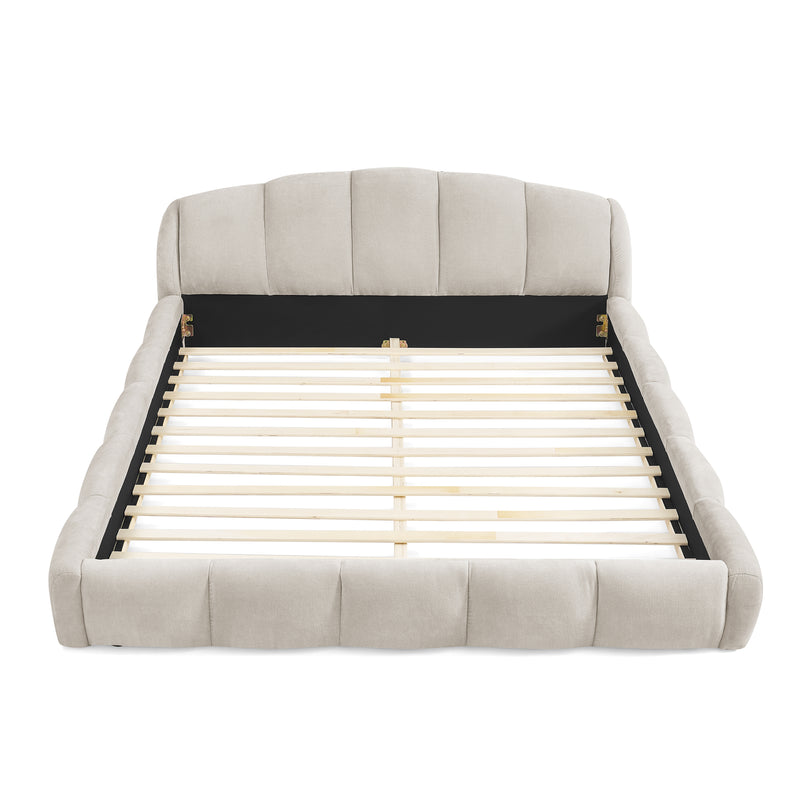 Queen Size Elegant Chenille Upholstered Platform Bed Frame, Thick Curved Headboard & Wrapped Footboard, Low Profile Floor Bed, No Box Spring Required, Easy Assembly, Beige