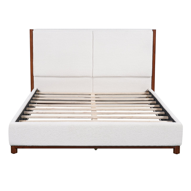 Queen Size Upholstered Bed Frame, Walnut Wood Trim with White Fabric, Plywood & Rubber Wood Construction, 600 LBS Weight Capacity, Fits 8'-10' Mattress, No Box Spring Needed
