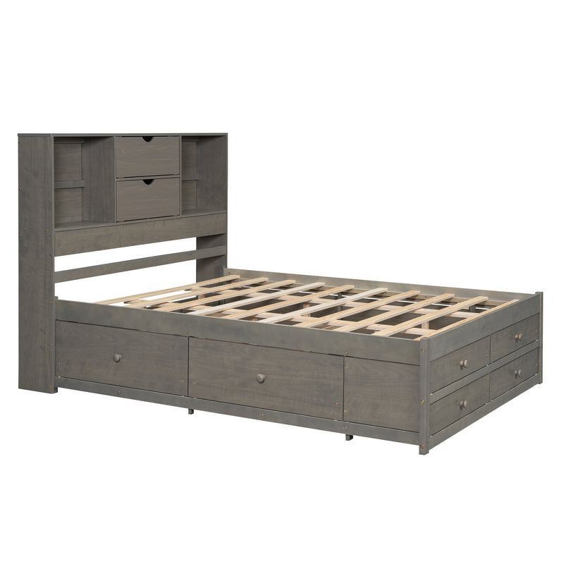 Queen Size Platform Bed with Storage Headboard and 8 Drawers, Gray