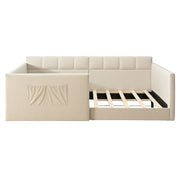 Full Size Daybed Velvet Upholstered Sofa Bed with High Side Panels and Side Entrance, Space-Saving Guest Bed with Storage Pockets, Beige
