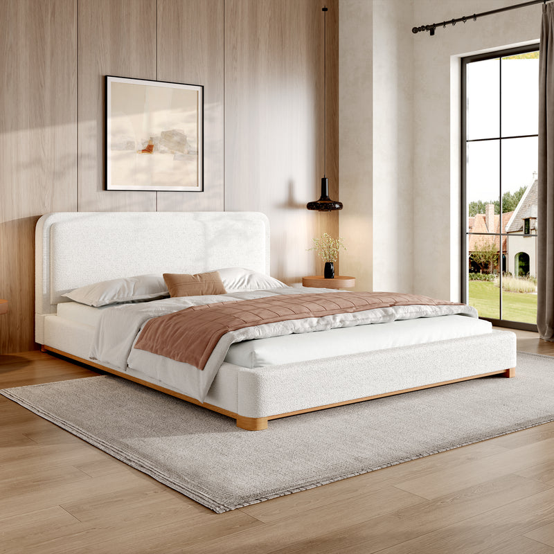 Queen Size Bed Frame with Boucle Upholstered Curved Headboard, Solid Wood Base, White