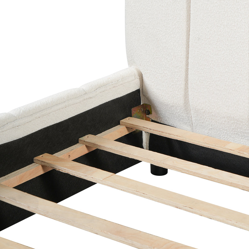 Queen Size Upholstered Bed Frame With Boucle Fabric And Thick Headboard, Off white
