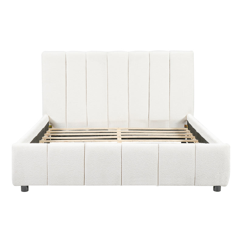 Queen Size Upholstered Bed Frame With Boucle Fabric And Thick Headboard, Off white