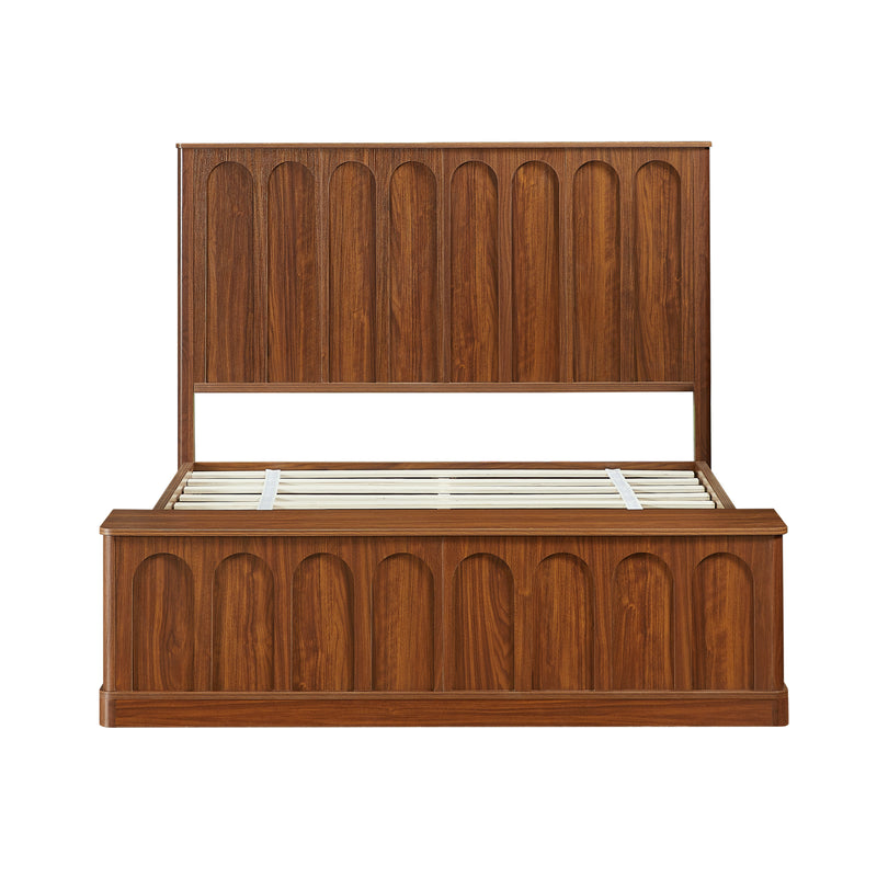 Queen Size Bed Frame with Storage, Mid-Century Modern Wood Platform Bed with Footboard Bench, Arched Panel Design, No Box Spring Needed, Walnut.