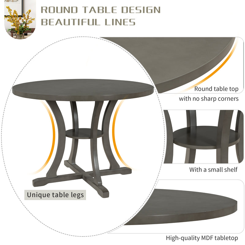 TREXM Retro-Style 5-Piece Round Dining Table and Chair Set with Unique Legs and Hollow Chair Back in Gray MDF