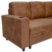 Foil Fabric upholstered L-Shape Sectional Sofa Bed with Pull Out Sleeper and Storage, Convertible Corner Couch with Cup Holders & Side Pockets for Living Room
