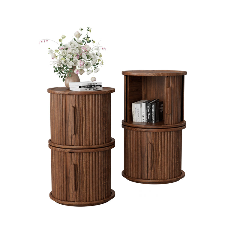 4Piece Round Coffee Table Set, Modern Nesting Side Tables with Sliding Door Storage, Walnut Finish Sofa End Table & Bedside Nightstand for Living Room & Bedroom, Fluted Roman Column Design Accent Tab