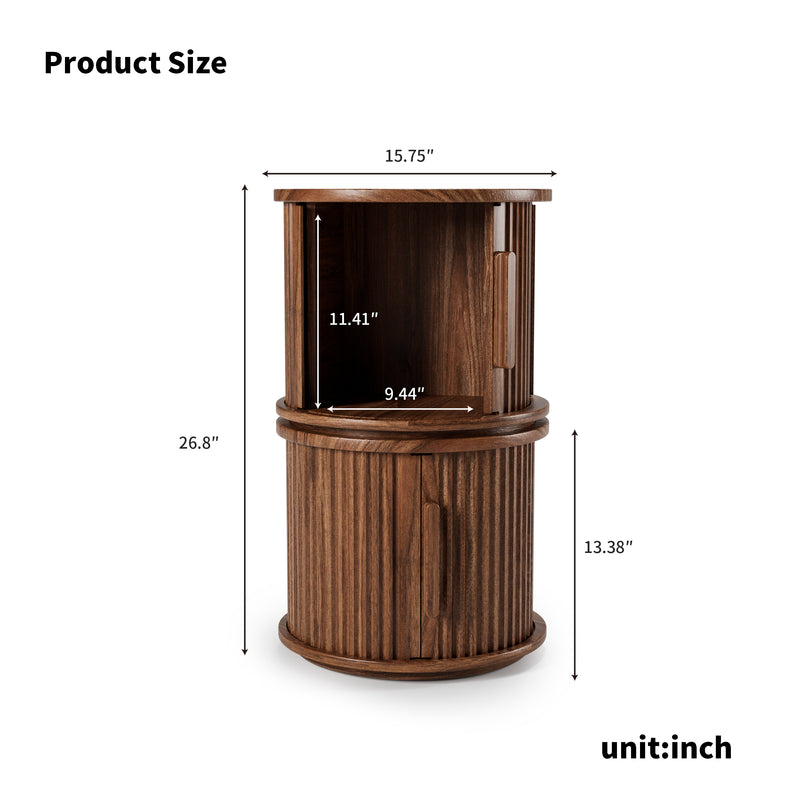 4Piece Round Coffee Table Set, Modern Nesting Side Tables with Sliding Door Storage, Walnut Finish Sofa End Table & Bedside Nightstand for Living Room & Bedroom, Fluted Roman Column Design Accent Tab