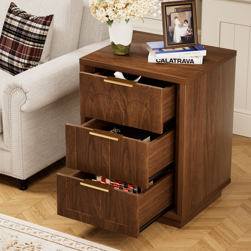 Two-piece nightstand set with arched grooves, large side table with three drawers, spacious storage side table with metal handles, suitable for bedrooms, living rooms, and offices, Walnut