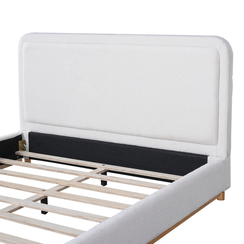 Queen Size Bed Frame with Boucle Upholstered Curved Headboard, Solid Wood Base, White