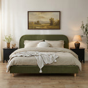 California King Size Upholstered Bed Frame With Velvet Fabric And Curve Design Thick Headboard, Solid Wood Legs, Olive Green (old sku N757P411871V)