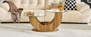Creative U-Shaped Double-Tier Glass Coffee Table with Wood-Grain MDF Base: A Modern, Minimalist Living Room Side Table with Adjustable Height.
