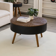31.5-inch round coffee table with storage function, featuring an engraved tabletop, is an ideal beverage table for small spaces, serving as a modern-style accent side table suitable for living rooms,