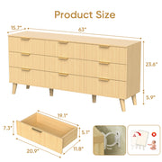 9 Drawer Dresser for Bedroom, Fluted Wooden Chest of Drawers for Children's Room, Nursery, Entrance, Natural, 63'W x 15.7'D x 29.5'H
