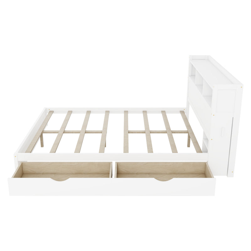 Queen Size Bed with Drawers, Wood Queen Bed with Storage Headboard and Pull Out Storage Cabinet, Wood Bed with Light and Socket, White(Expect Arrival Date 2026/7/30)