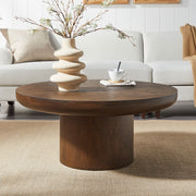 Round Coffee Table with Cylindrical Leg,Wood Veneer Tabletop Table,Rounded Sofa Side Table for living Room Office,Brown