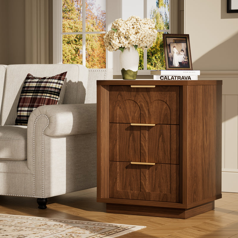 Two-piece nightstand set with arched grooves, large side table with three drawers, spacious storage side table with metal handles, suitable for bedrooms, living rooms, and offices, Walnut