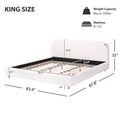 King Size Platform Bed with Boucle Fabric, Boucle Fabric Upholstered Platform Bed with Curve-Shaped Design Headboard, White, Easy Assembly