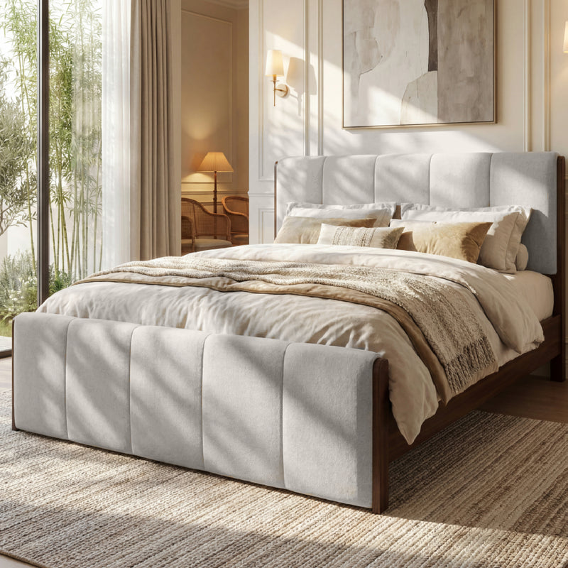 Queen Size Upholstered Bed Frame, Walnut Wood Trim with Grey Fabric, Pine Wood with MDF, 500 LBS Capacity, Fits 8'-10' Mattress, No Box Spring Needed