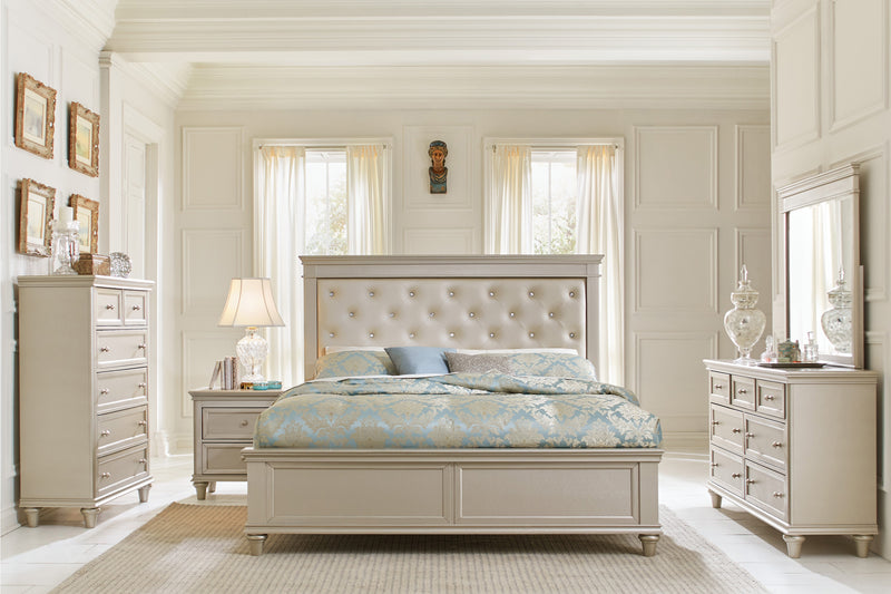 Modern Glam Silver Finish Queen Bed Button-Tufted Faux Leather Upholstery Texture Panels Bedroom Furniture 1pc