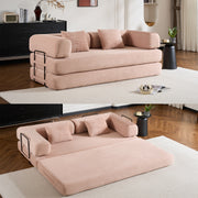 Convertible Sleeper Sofa Bed with Cylindrical Pillow, Corduroy Folding Mattress Couch with Fixed-Shape Frame, Floor Sofa Lounge Couch for Living Room Bedroom (Pink)