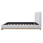 Queen Size Bed Frame with Boucle Upholstered Curved Headboard, Solid Wood Base, White