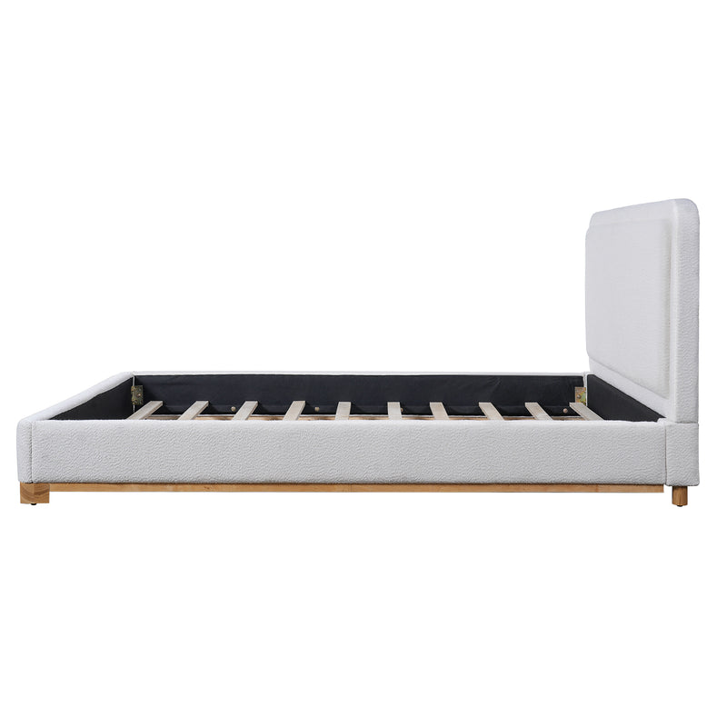 Queen Size Bed Frame with Boucle Upholstered Curved Headboard, Solid Wood Base, White