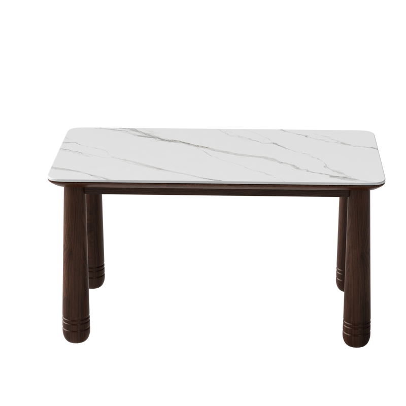 63' Sintered Stone Dining Table Set with 6 Upholstered Chairs, Farmhouse Dinner Table Set of 7 Piece with White Stone Top & Solid Wood Walnut Frame, Beige Chenille Seats, Heavy-Duty Support up to 1000