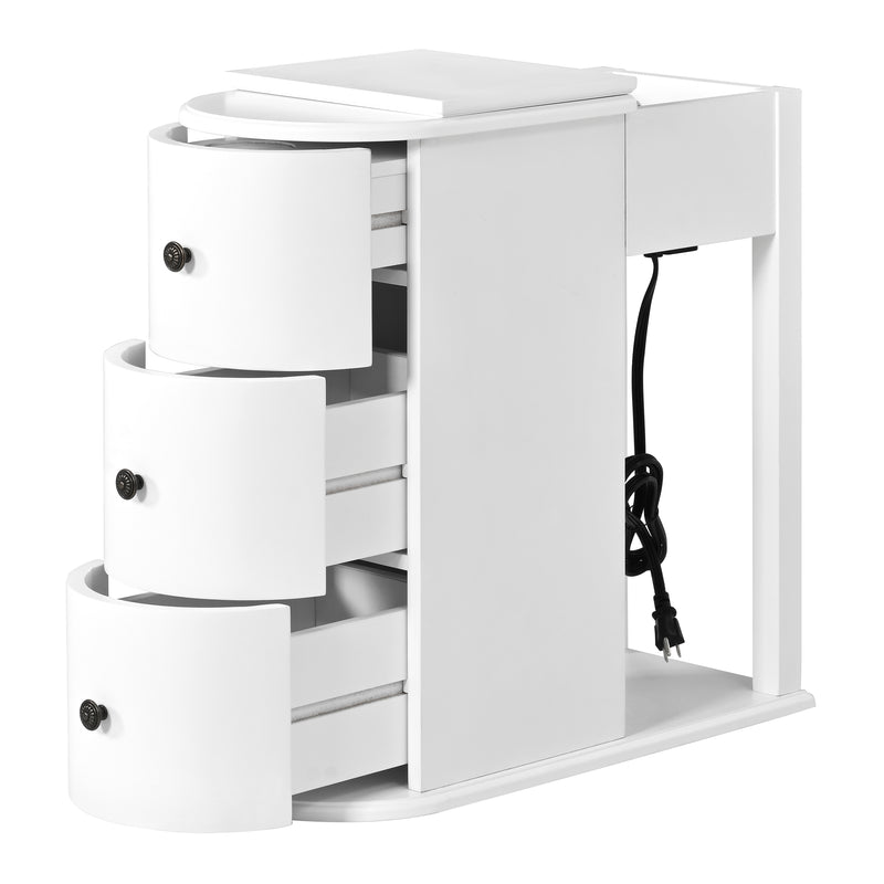 Modern End Table with Hidden Cup Holder Drawer, Charging Station & Pull-Out Side Table, Wooden Bedside Table with 2 Storage Drawers, Space Saving End Table for Bedroom & Living Room