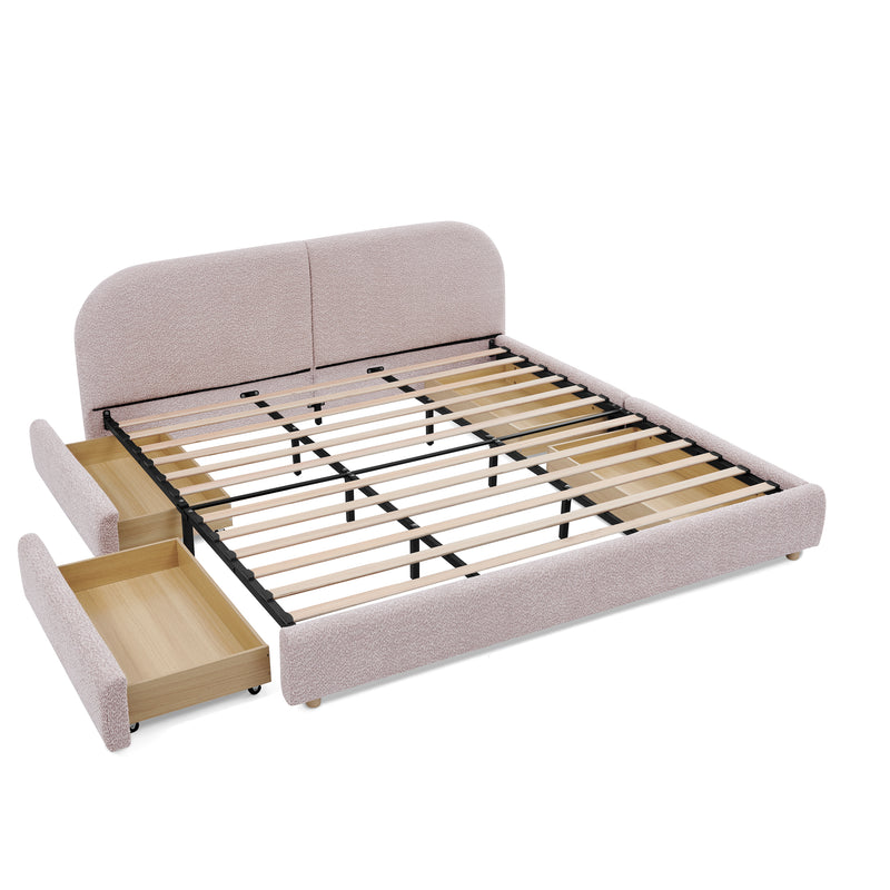 King Size Upholstered Bed Frame Modern Minimalist Style - Circle Yarn Fabric, Tall Curved Headboard, Sturdy Leg Support & Wheeled Drawer Storage, Mattress Not Included - Pink