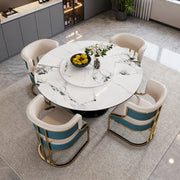 Round Dining Set with 360° Rotating Lazy Susan, Scratch & Heat‑Resistant Sintered Stone Tabletop, 4 Gold‑Plated Iron Thick Cushion Chairs for Dining Room, Kitchen, Compact Space