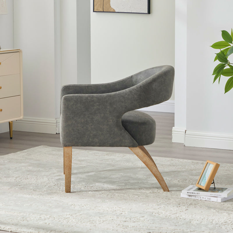 Modern Mid-Century PU Upholstered Open Back Armchair with Weathered Rubberwood Legs, Gray, for Living Room Bedroom Dining Room Cafes