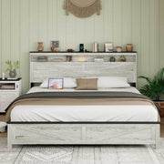 King size bed with wooden headboard and hidden storage space, no need for box springs,Antique White+Gray