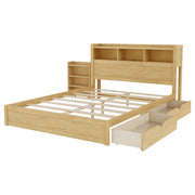 Queen Size Bed with Drawers, Wood Queen Bed with Storage Headboard and Pull Out Storage Cabinet, Wood Bed with Light and Socket,Natural(Expect Arrival Date 2626/7/30)