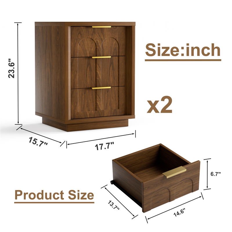Two-piece nightstand set with arched grooves, large side table with three drawers, spacious storage side table with metal handles, suitable for bedrooms, living rooms, and offices, Walnut