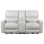 Denson Dove Grey Upholstered Power Reclining Loveseat with Console and USB Port