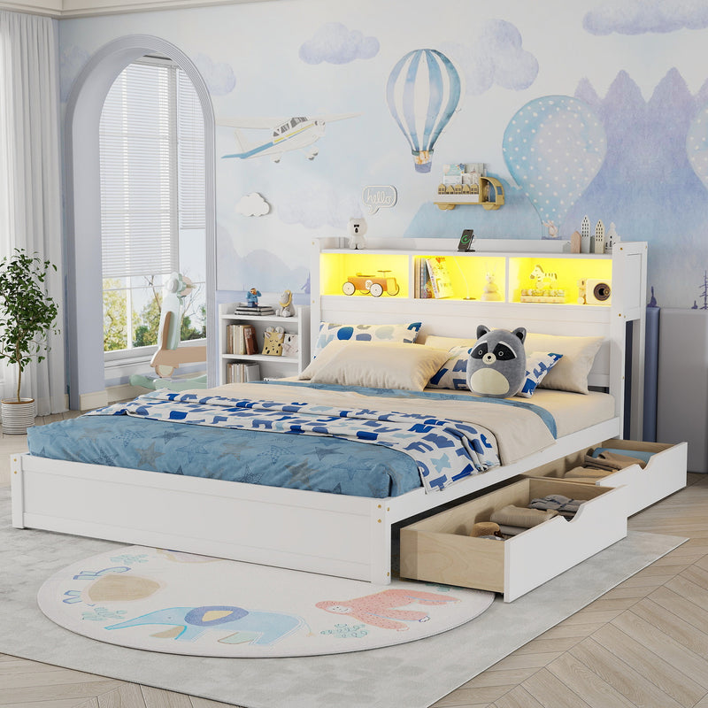 Queen Size Bed with Drawers, Wood Queen Bed with Storage Headboard and Pull Out Storage Cabinet, Wood Bed with Light and Socket, White(Expect Arrival Date 2026/7/30)