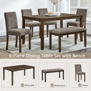 6-Piece Dining Table Set with Bench and Chairs, Wooden dining table set for 6 people, Farmhouse Rustic Style 6 Person Dining Table Set for Dining Room, Kitchen, Walnut