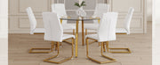 Table and chair set.A Modern Minimalist Style Round Clear Tempered Glass Table with Metal Legs.Paried with white chairs with Modern PU Leather High Back Upholstered and C-Tube Golden Legs.